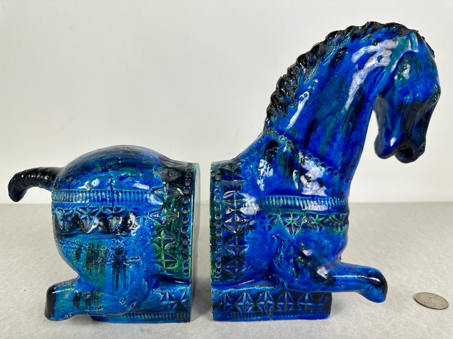 Vintage Mid-Century Modern Bitossi Italian Ceramic Pottery Horse Bookends Sculpture By Aldo Londi With Chinese Glazed Finish 12'W X 4.5'D X 9'H - See Photos For Repaired Foot & Tail [Photo 2]