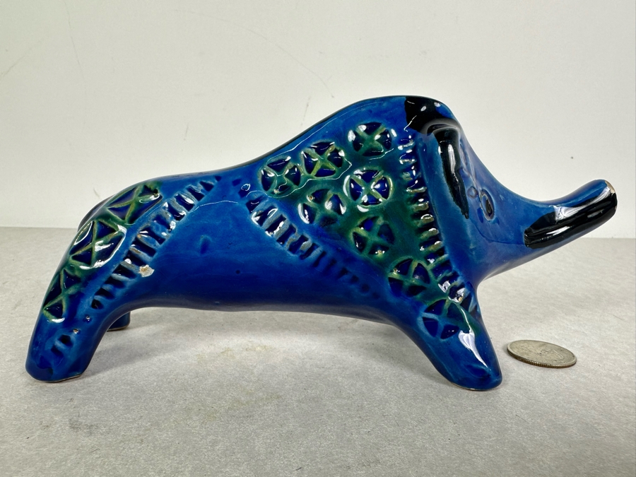 Vintage Mid-Century Modern Bitossi Italian Ceramic Pottery Wild Boar Sculpture By Aldo Londi With Chinese Glazed Finish 8'W X 3'D X 4'H - See Photos For Several Chips [Photo 3]