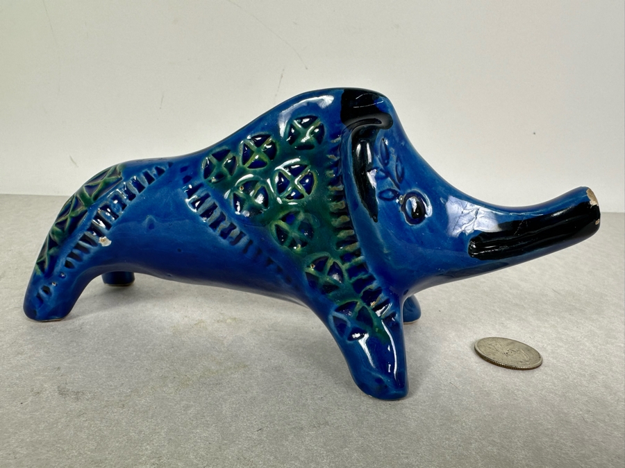 Vintage Mid-Century Modern Bitossi Italian Ceramic Pottery Wild Boar Sculpture By Aldo Londi With Chinese Glazed Finish 8'W X 3'D X 4'H - See Photos For Several Chips [Photo 4]