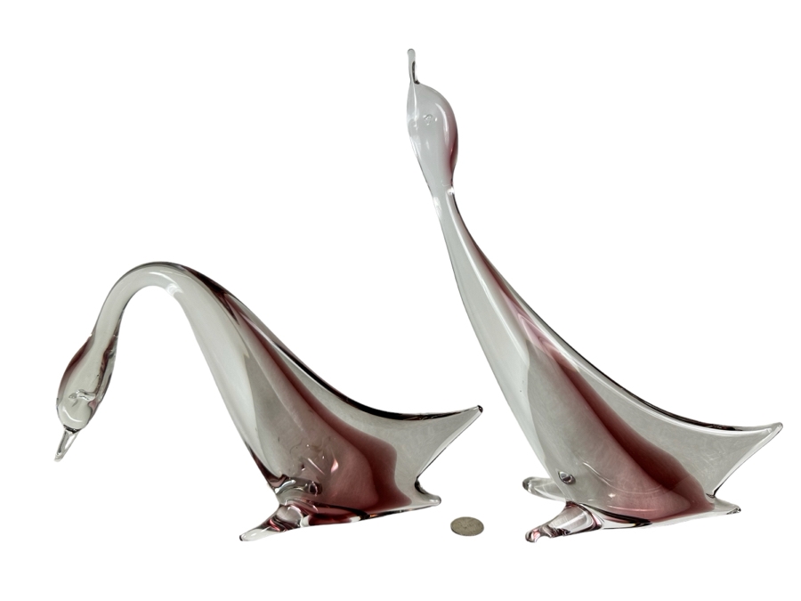 Pair Of Vintage Italian Murano Art Glass Bird Sculptures 8'H & 13'H