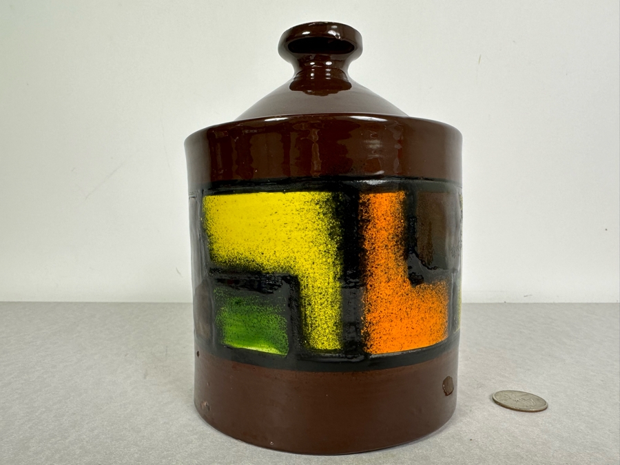Vintage Mid-Century Modern Italian Bitossi Ceramic Pot Jar With Lid By Adlo Londi 5'W X 7.5'H [Photo 2]