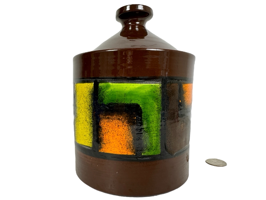 Vintage Mid-Century Modern Italian Bitossi Ceramic Pot Jar With Lid By Adlo Londi 5'W X 7.5'H