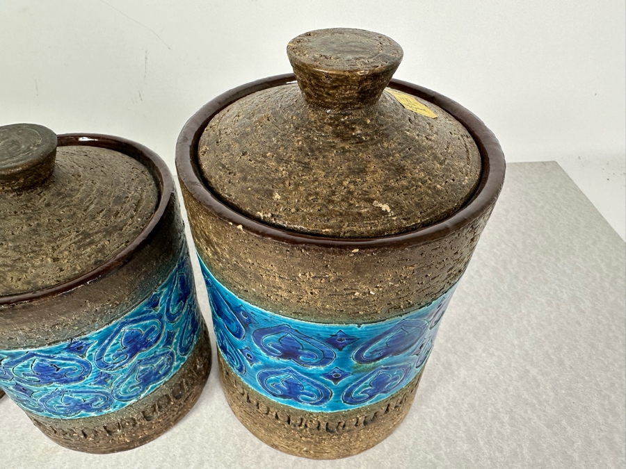 (4) Vintage Mid-Century Modern Italian Bitossi Ceramic Moresco Pots Jars With Lids By Adlo Londi For The Broadway 4'H To 9'H - See Photos For Several Chips [Photo 3]