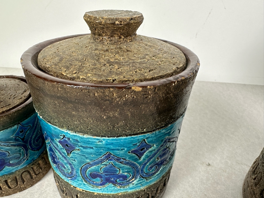 (4) Vintage Mid-Century Modern Italian Bitossi Ceramic Moresco Pots Jars With Lids By Adlo Londi For The Broadway 4'H To 9'H - See Photos For Several Chips [Photo 11]