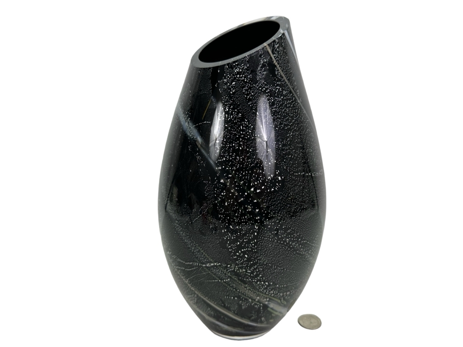 Artist Signed Black Art Glass Vase 12'H