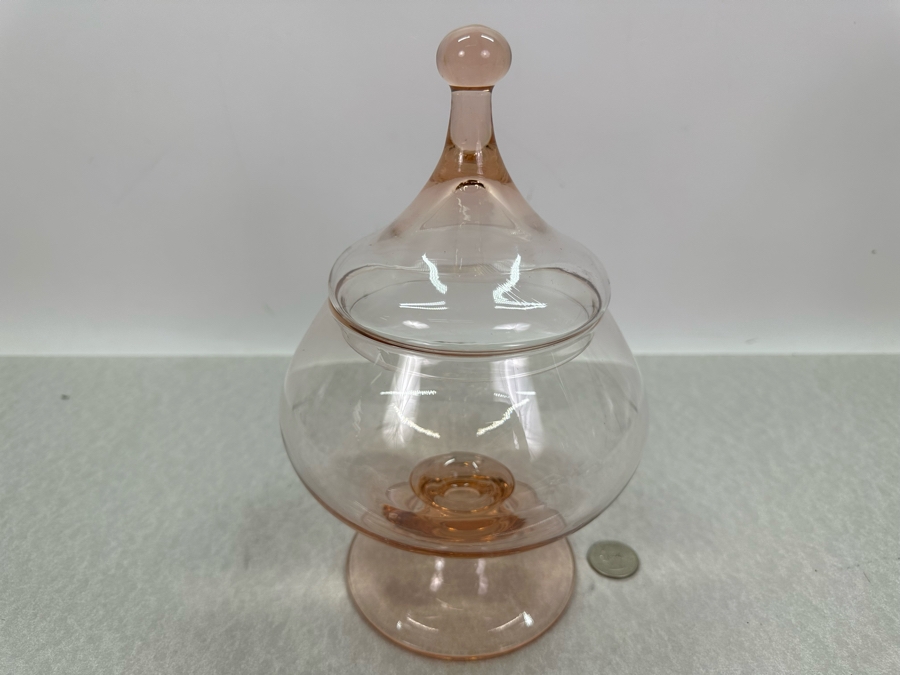 Vintage MCM Italian Empoli Glass Apothecary Footed Jar With Lid 9'H [Photo 2]