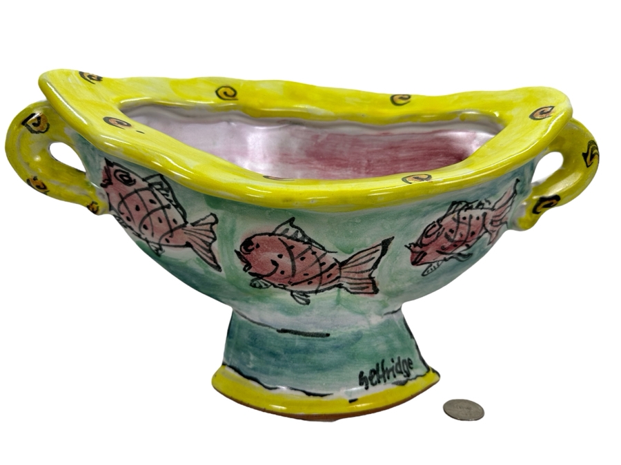 Richard and Carol Selfridge Hand Painted Ceramic Vase Planter With Fish And Cat 14'W X 8'H [Photo 2]