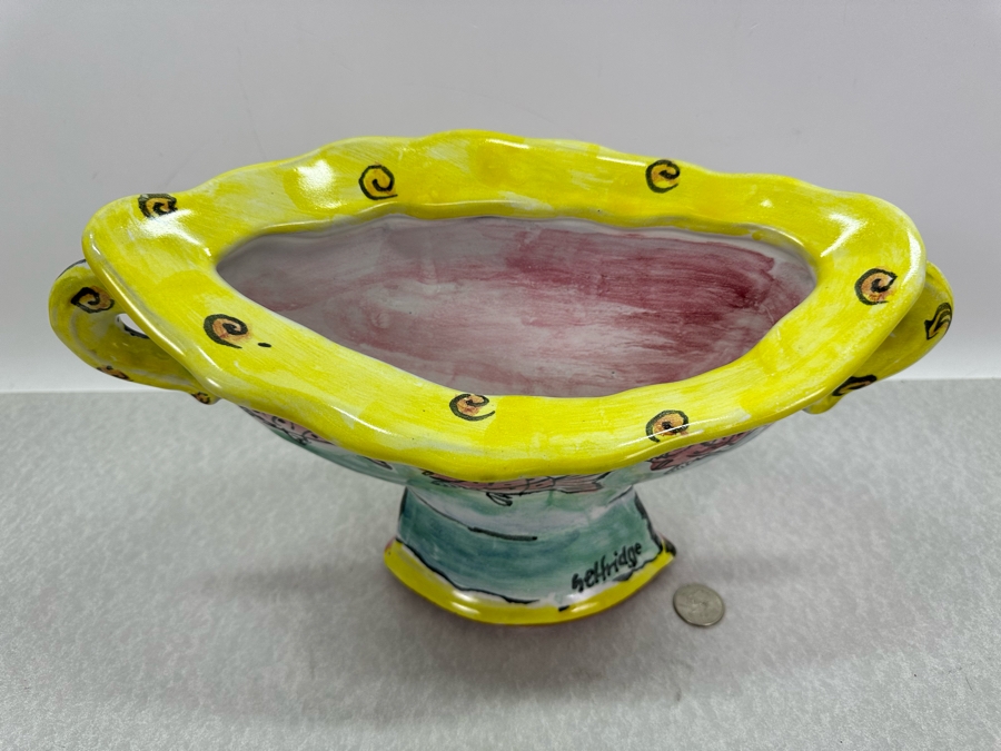 Richard and Carol Selfridge Hand Painted Ceramic Vase Planter With Fish And Cat 14'W X 8'H [Photo 3]