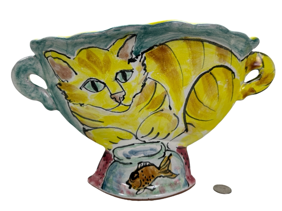 Richard and Carol Selfridge Hand Painted Ceramic Vase Planter With Fish And Cat 14'W X 8'H [Photo 1]