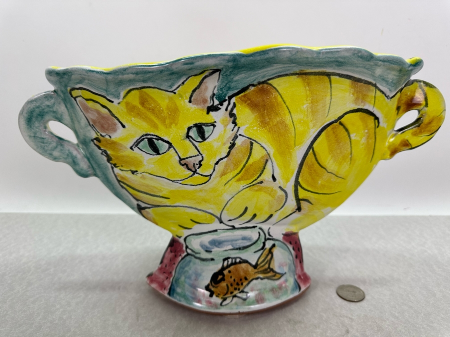 Richard and Carol Selfridge Hand Painted Ceramic Vase Planter With Fish And Cat 14'W X 8'H [Photo 5]