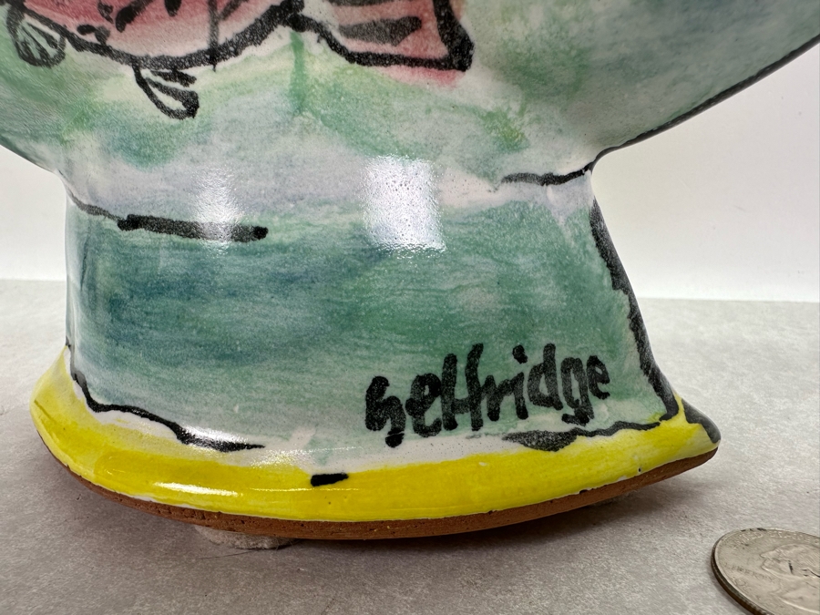 Richard and Carol Selfridge Hand Painted Ceramic Vase Planter With Fish And Cat 14'W X 8'H [Photo 4]