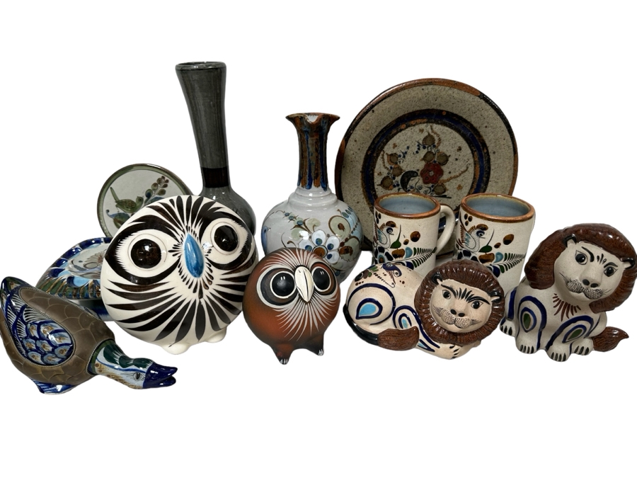 Large Collection Of Hand Painted Mexican Pottery: Duck, Owls, Lions, Vases & More