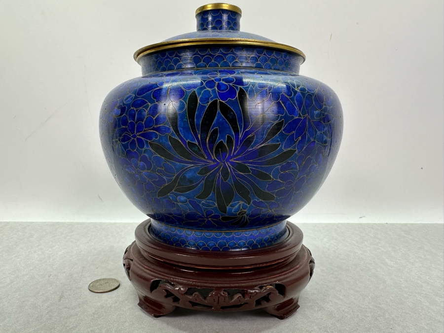 Vintage Chinese Cloisonne Jar With Lid And Wooden Stand 8'H [Photo 6]