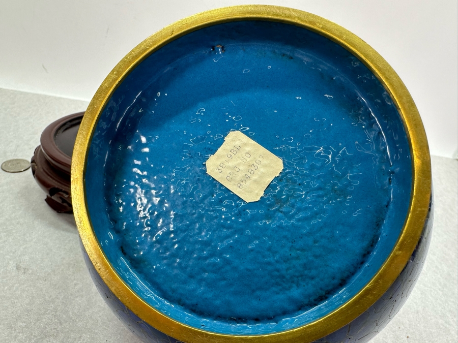 Vintage Chinese Cloisonne Jar With Lid And Wooden Stand 8'H [Photo 4]