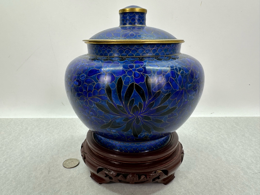 Vintage Chinese Cloisonne Jar With Lid And Wooden Stand 8'H [Photo 7]