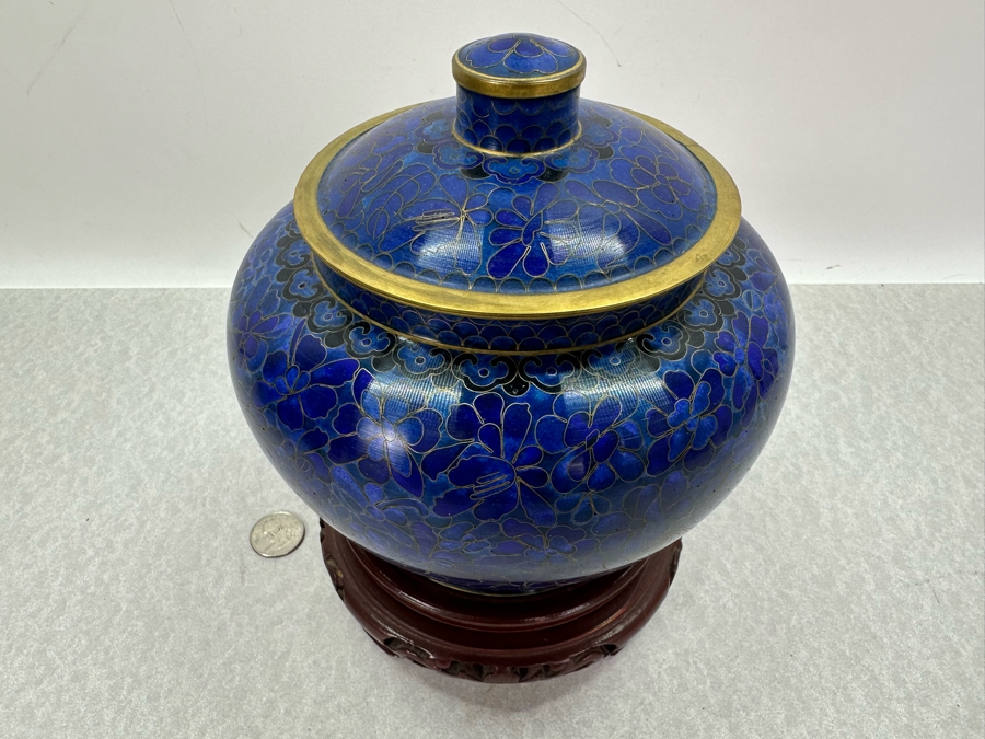 Vintage Chinese Cloisonne Jar With Lid And Wooden Stand 8'H [Photo 2]