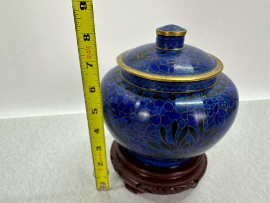 Vintage Chinese Cloisonne Jar With Lid And Wooden Stand 8'H [Photo 8]