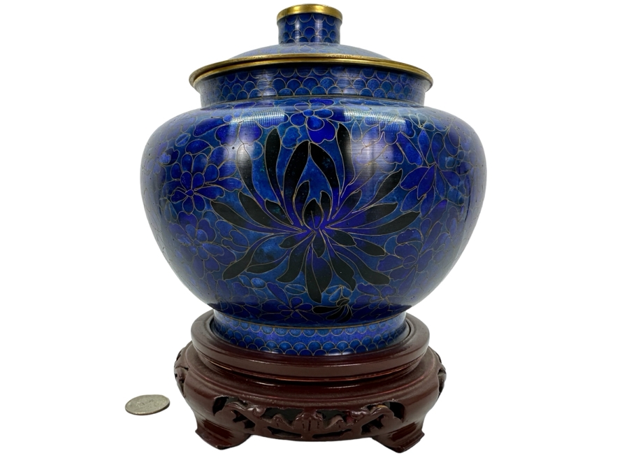Vintage Chinese Cloisonne Jar With Lid And Wooden Stand 8'H [Photo 1]