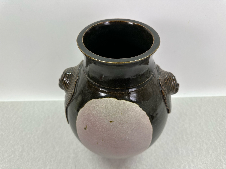 Artist Signed Studio Glazed Drip Pottery Vase With Relief Faces Marked S With Square 12'H [Photo 10]