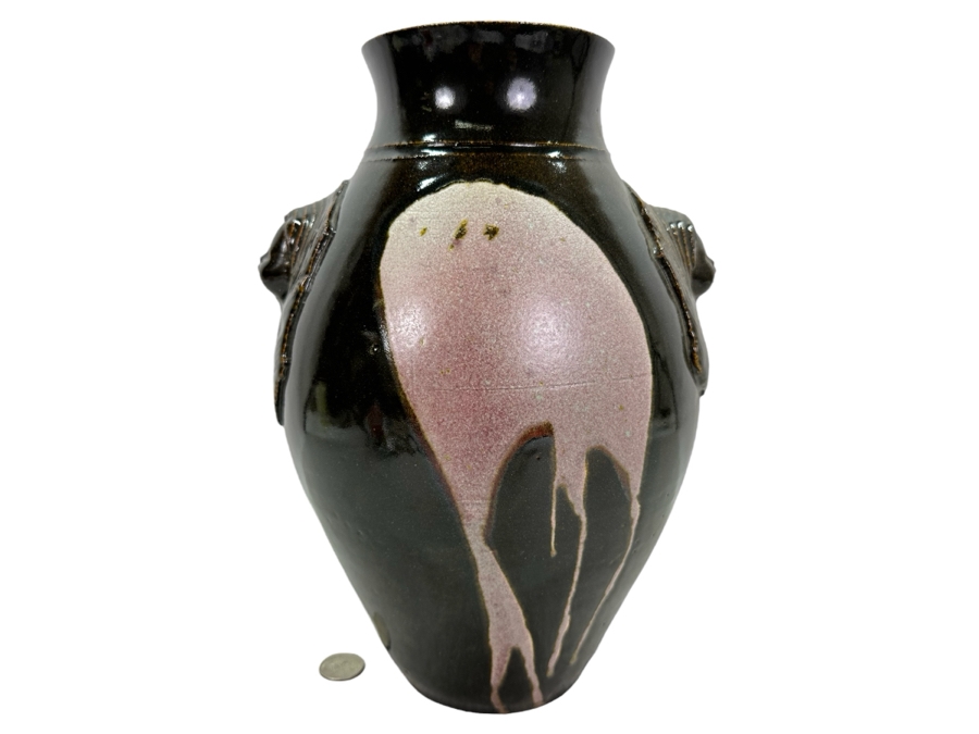 Artist Signed Studio Glazed Drip Pottery Vase With Relief Faces Marked S With Square 12'H [Photo 1]