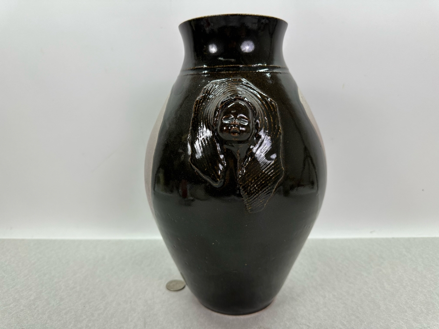 Artist Signed Studio Glazed Drip Pottery Vase With Relief Faces Marked S With Square 12'H [Photo 4]