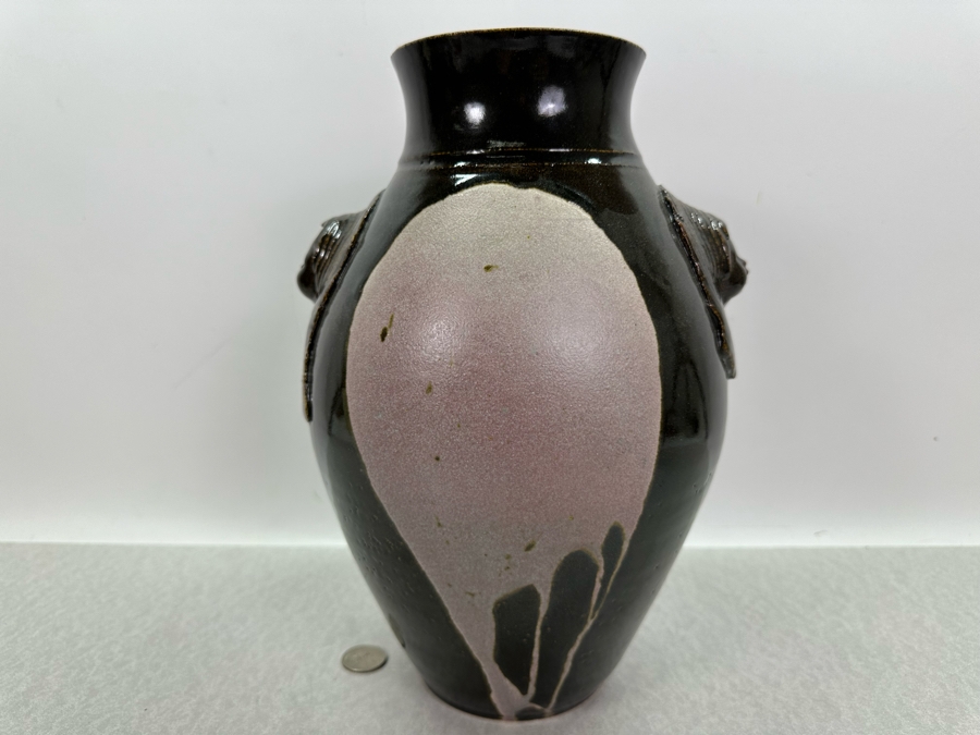 Artist Signed Studio Glazed Drip Pottery Vase With Relief Faces Marked S With Square 12'H [Photo 11]