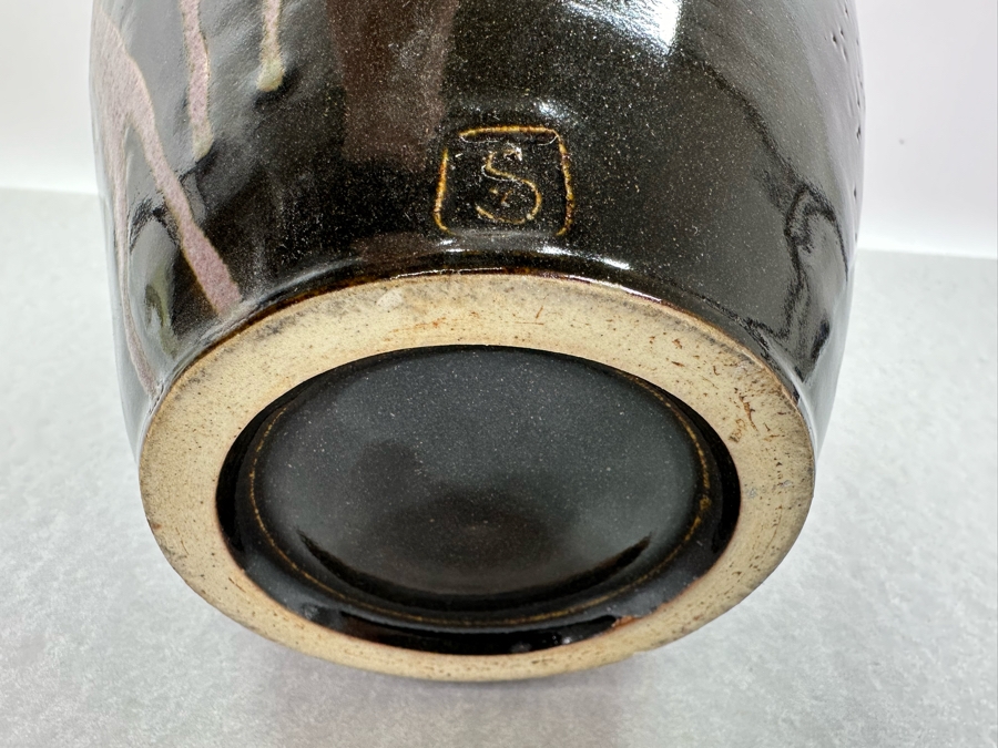 Artist Signed Studio Glazed Drip Pottery Vase With Relief Faces Marked S With Square 12'H [Photo 8]