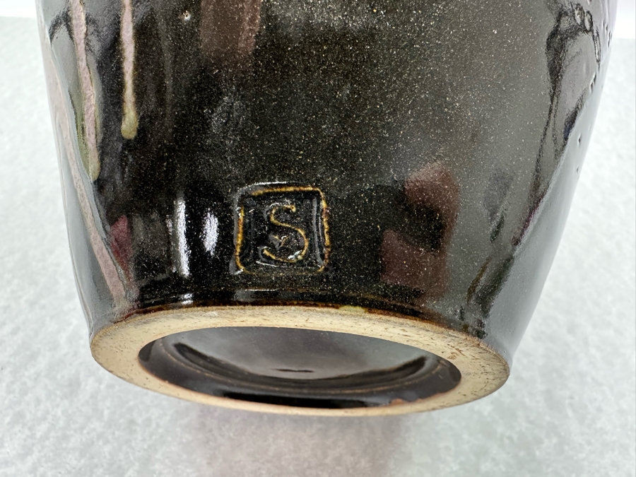 Artist Signed Studio Glazed Drip Pottery Vase With Relief Faces Marked S With Square 12'H [Photo 2]