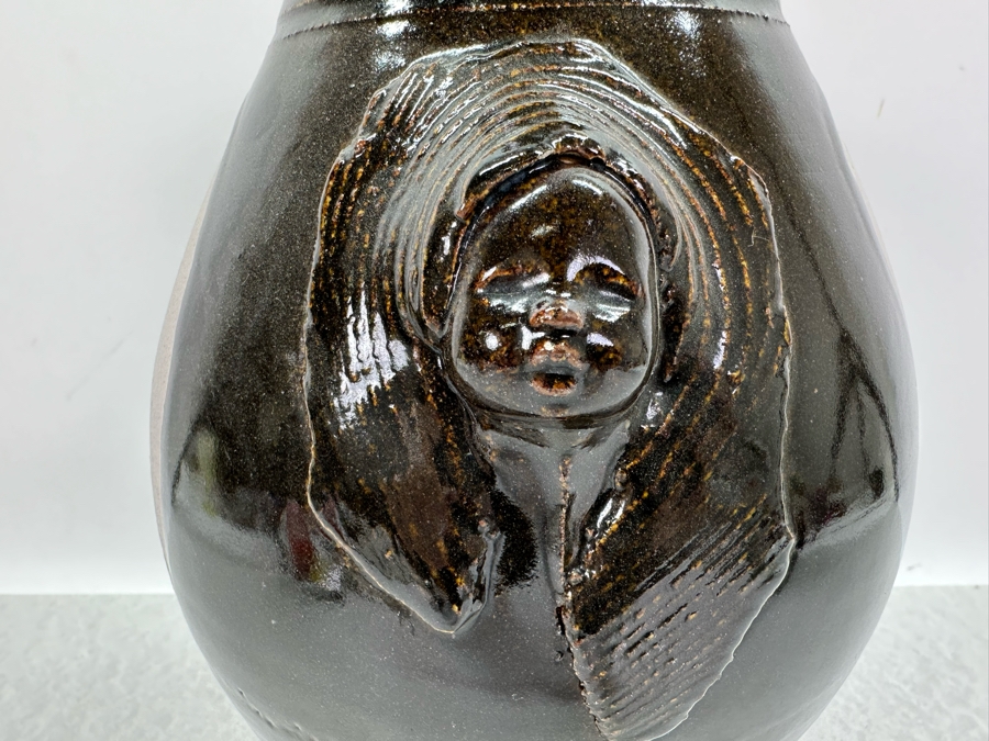 Artist Signed Studio Glazed Drip Pottery Vase With Relief Faces Marked S With Square 12'H [Photo 5]