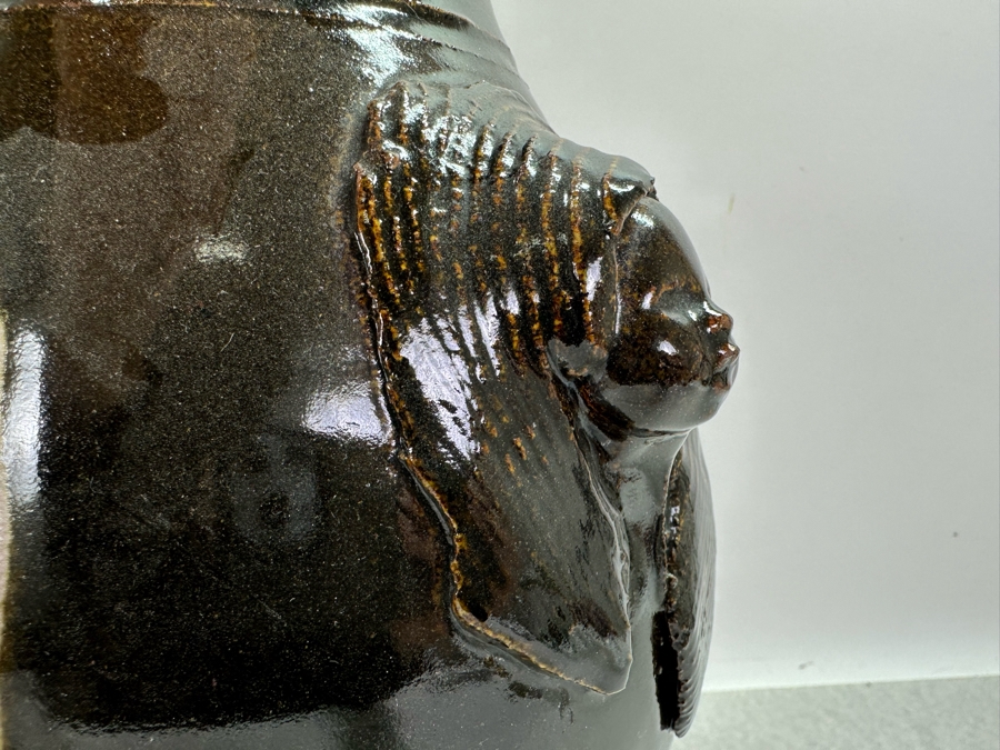 Artist Signed Studio Glazed Drip Pottery Vase With Relief Faces Marked S With Square 12'H [Photo 6]