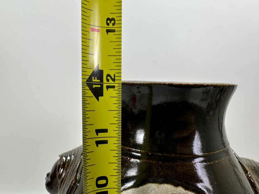 Artist Signed Studio Glazed Drip Pottery Vase With Relief Faces Marked S With Square 12'H [Photo 7]