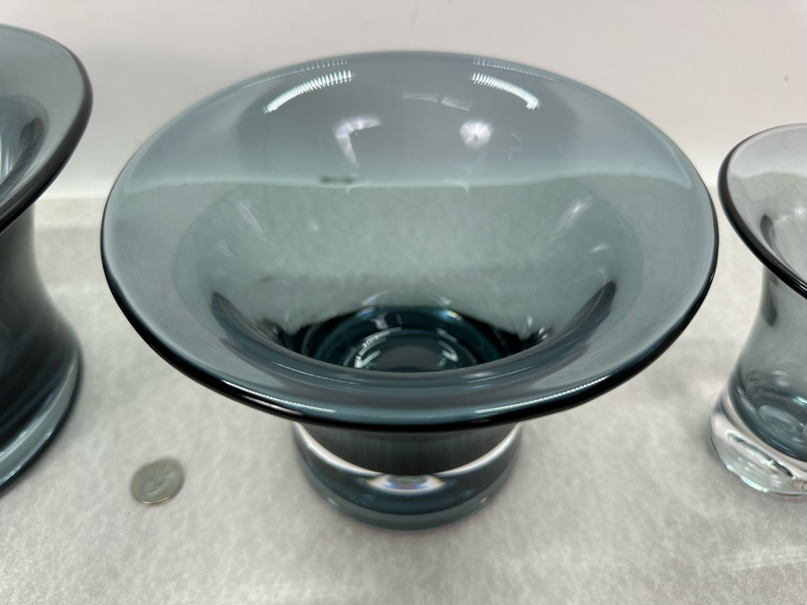 Set Of Three Vintage Blenko Vases 10'W, 7.5'W & 5.5'W - The 2 Vases On The Left Are Limited Edition Vases Numbered 461 Of 600 [Photo 4]