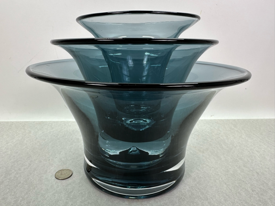 Set Of Three Vintage Blenko Vases 10'W, 7.5'W & 5.5'W - The 2 Vases On The Left Are Limited Edition Vases Numbered 461 Of 600 [Photo 16]