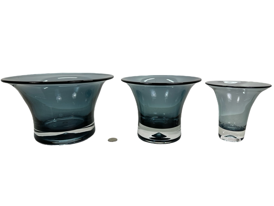 Set Of Three Vintage Blenko Vases 10'W, 7.5'W & 5.5'W - The 2 Vases On The Left Are Limited Edition Vases Numbered 461 Of 600 [Photo 1]