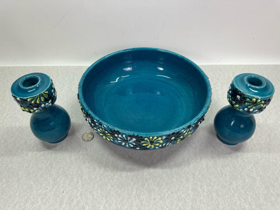 Vintage Alvino Bagni MCM Italian Ceramic Bowl 11'W And Matching Candlesticks 6'H [Photo 5]