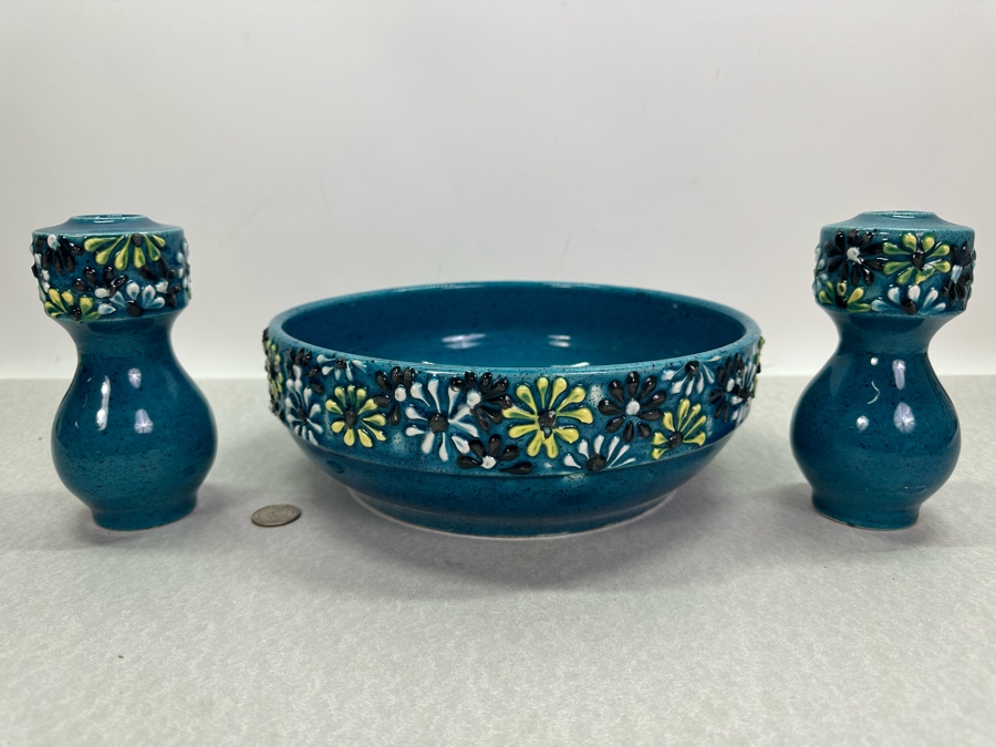 Vintage Alvino Bagni MCM Italian Ceramic Bowl 11'W And Matching Candlesticks 6'H [Photo 2]