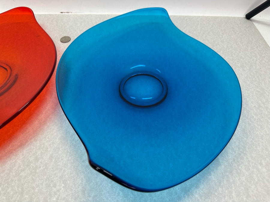 Pair Of Large Vintage Viking Glass Blue & Red Platters 16.5'W X 11.5'D X 1.75'H [Photo 5]