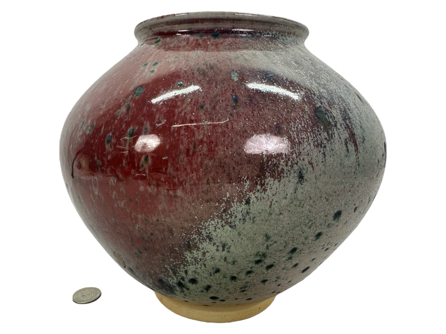 Vintage Artist Signed Asian Glazed Pottery Vase 9'W X 8'H