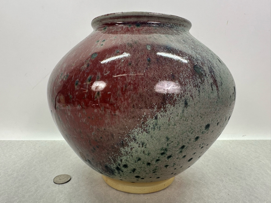 Vintage Artist Signed Asian Glazed Pottery Vase 9'W X 8'H [Photo 3]