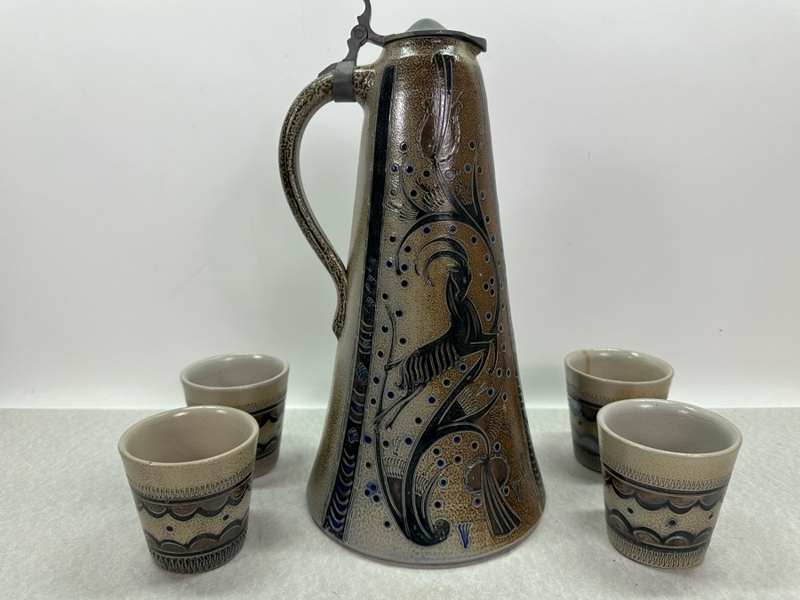 Vintage Large Wim Muhlendyck Animal Stoneware Beer Stein 14'H With Four Matching Cups 3.25'H [Photo 7]
