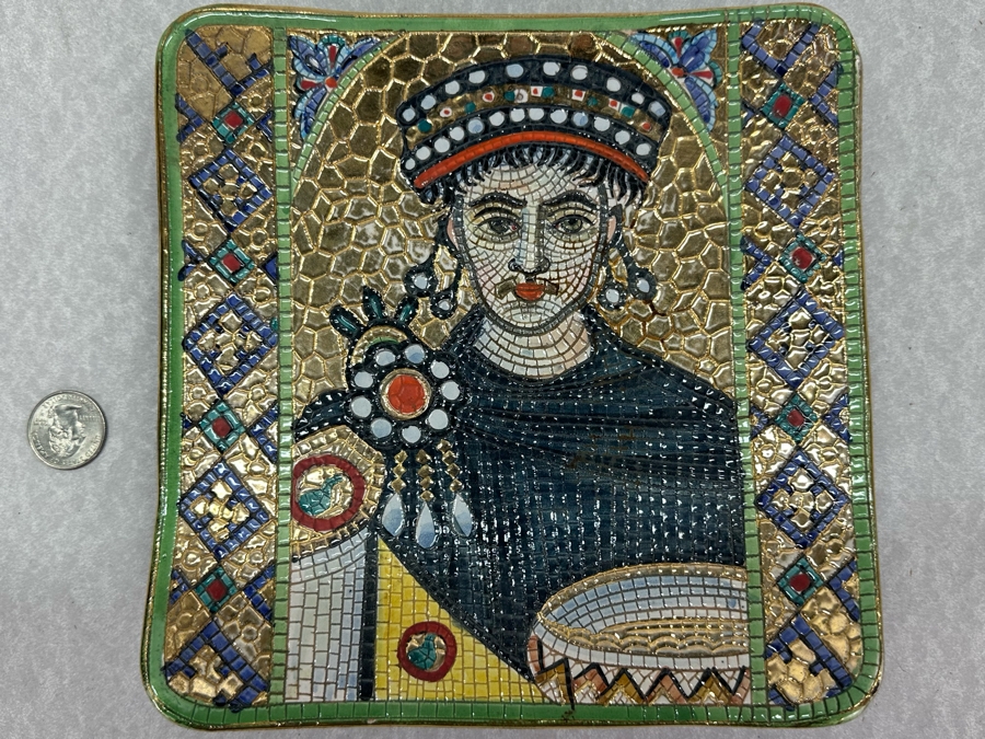 Vintage Hand Painted Italian Suruta Ceramic Empress Theodora Plate 8' X 8' [Photo 2]