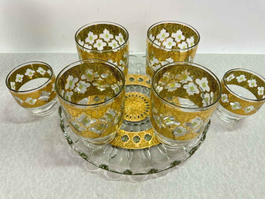 Vintage MCM Culver Barware Glasses 4.5”H / 2.75”H & Tray 10”R [Photo 2]