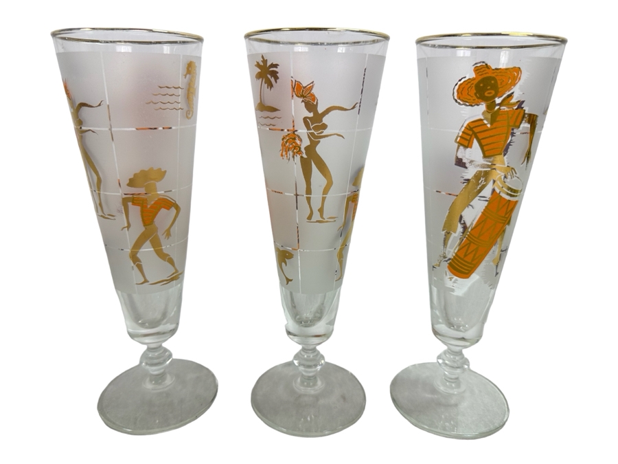 Three Vintage MCM Footed Barware Glasses 8.5'H