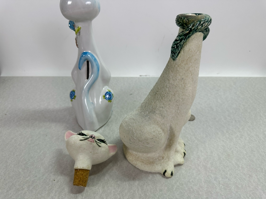 Vintage Italian Ceramic Cat Piggy Bank & Vintage MCM Potted Priscilla Cat Liquor Decanter 11.5'H [Photo 5]