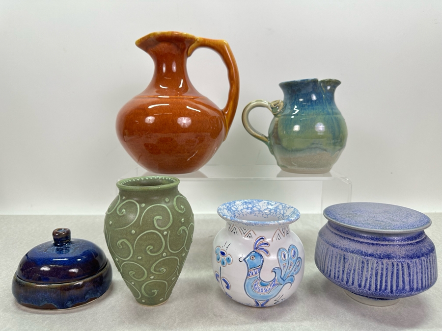 Vintage Artist Signed Studio Pottery Pitchers, Vases And Boxes Largest Pitcher Is 7'H [Photo 2]