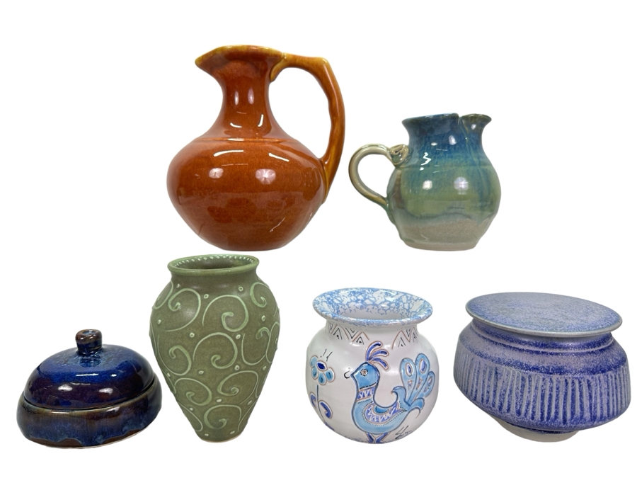 Vintage Artist Signed Studio Pottery Pitchers, Vases And Boxes Largest Pitcher Is 7'H [Photo 1]