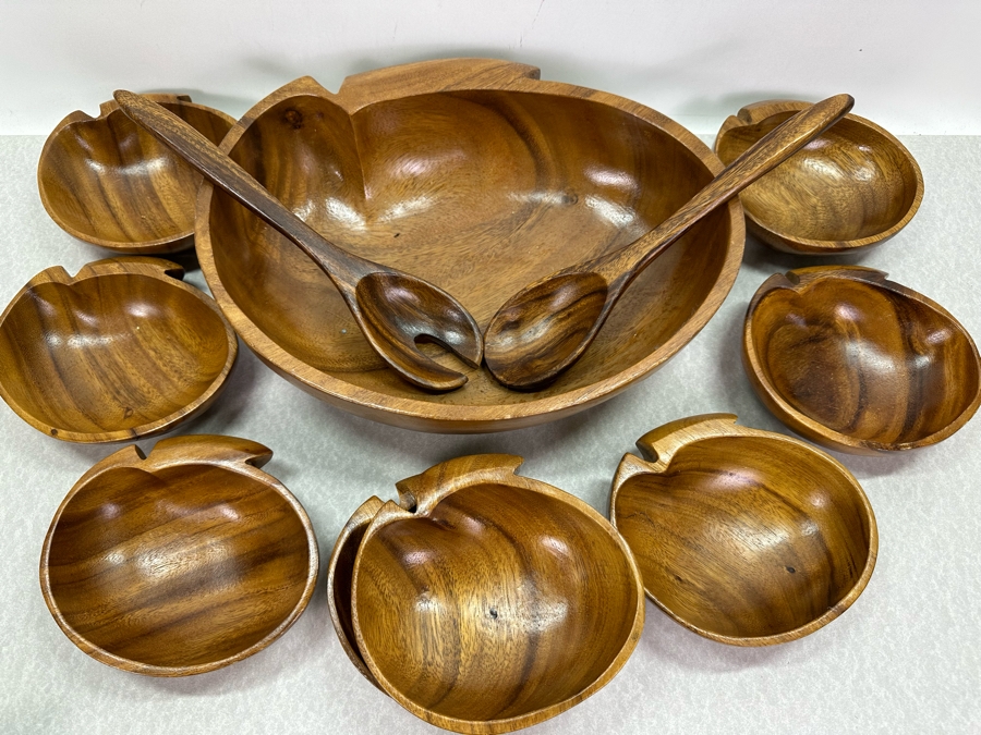 Vintage Acacia Woods Monkey-Pod Salad Bowl Set Honolulu, Hawaii 11'W [Photo 3]