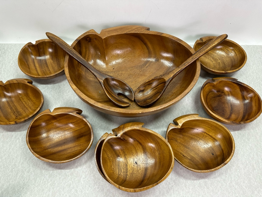 Vintage Acacia Woods Monkey-Pod Salad Bowl Set Honolulu, Hawaii 11'W [Photo 2]