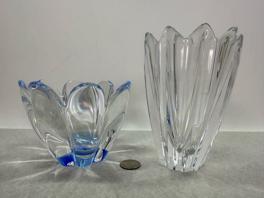 Pair Of Vintage Orrefors Swedish Crystal Vases 4h And 6h