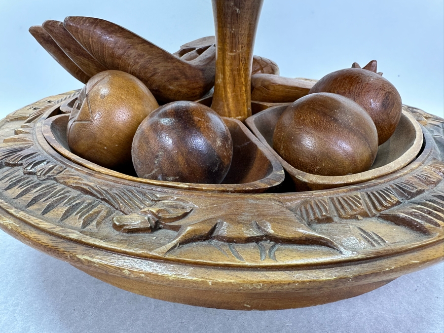 Vintage Acacia House Hawaii Hand Carved Monkey Pod Multi-Tier Lazy Suzan Serving Trays With Carved Wooden Fruit 24'H [Photo 4]